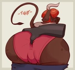 anthro anus bottomwear bovid bovine brown_body brown_fur cattle clothing duo english_text female female_focus fur hair hangedc hi_res horn mammal orange_hair panties pants raised_tail red_clothing red_panties red_underwear short_hair tail tail_tuft text tuft underwear white_horn wide_hips