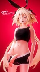 3d 3d_(artwork) 3d_render astolfo_(fate) bare_shoulders black_shorts black_tank_top blender blender_(software) blender_cycles blonde_hair blush, bunny_ears cock cock_out cute cute_fang dick dick_out energy_drink femboy femboy_only horny horny_male male male_only meme penis penis_out realkansen red_background red_eyes ribbons sentence shiny_skin shorts smug smug_face smug_smile stomach tanktop text twink words