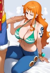 1boy ai_generated arm_tattoo bikini bikini_top_only blue_pants bracelet breasts cleavage collarbone denim earrings erection female green_bikini handjob jeans jewelry large_breasts long_hair monkey_d_luffy nami_(one_piece) navel one_eye_closed one_piece orange_eyes orange_hair pants penis penis_grab post-timeskip shoulder_tattoo sitting solo_focus straight swimsuit tattoo testicles trewg001 veins veiny_penis