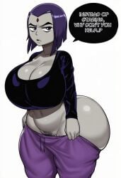 1girls ai_generated alternate_breast_size annoyed annoyed_expression ass breasts dc dialogue dumptruck_ass english_text exposed_ass female female_only gigantic_ass goth grey_body grey_impact_(style) hips large_ass lubbasdump massive_ass pajama_pants pajamas pjs pulling_up_pants purple_hair raven_(dc) solo text wide_hips
