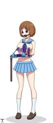 1girls arms_behind_back belt big_breasts blue_skirt blue_tie bondage breasts brown_eyes brown_hair covered_mouth female functionally_nude functionally_nude_female gag gagged gagged_female humiliation kill_la_kill mankanshoku_mako navel nipple_clamp nipples only_female servi serving_tray sex_toy short_hair skirt slave solo thighs tied_arms tony_x_play tonyxplay torture tray white_socks