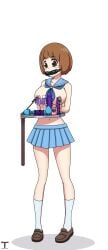 1girls arms_behind_back belt big_breasts blue_skirt blue_tie bondage breasts brown_eyes brown_hair covered_mouth female functionally_nude functionally_nude_female humiliation kill_la_kill mankanshoku_mako navel nipple_clamp nipples only_female servi serving_tray sex_toy short_hair skirt slave solo thighs tied_arms tony_x_play tonyxplay torture tray white_socks