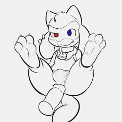 1:1 anthro ass bulge canid canine clothing collar disembodied_penis ear_piercing ear_ring feet generation_4_pokemon genitals grin heterochromia hi_res male mammal monochrome nintendo penis piercing pokemon pokemon_(species) ring_piercing riolu sleepyly smile soles solo toes underwear