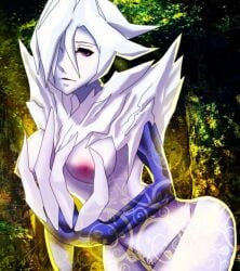 against_tree black_sclera breasts bush christmas_tree colored_skin day female forest grass hair_over_one_eye medium_breasts nature night nipples outdoors plant purple_eyes solo tree white_hair white_skin