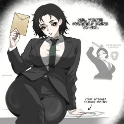 1girls big_breasts female female_only genderswap_(mtf) hiromi_higuruma jujutsu_kaisen omniartstudio rule_63 suit suit_and_tie suit_jacket thick_thighs tight_clothing tight_fit