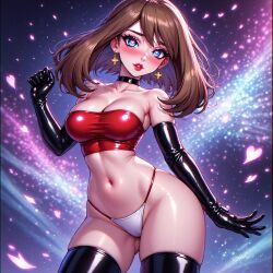 1girls ai_generated black_gloves black_latex_gloves black_latex_thighhighs black_thighhighs blue_eyes choker earrings female gloves heart-shaped_pupils latex_gloves latex_thighhighs lipstick long_gloves looking_at_viewer may_(pokemon) pokemon red_lipstick red_tubetop space_background thighhighs tubetop white_panties