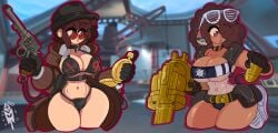 afro bikini dark-skinned_female demoman demoman_(team_fortress_2) fanservice female firearm genderswap_(mtf) grenade_launcher gris_swimsuit gun overcoat revolver rule_63 spy_(team_fortress_2) team_fortress_2