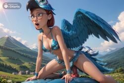 1boy 1boy1girl 1girls 20th_century_fox 20th_century_studios ai_generated animal_penis bikini bikini_bottom_aside blue_bikini blue_sky_studios blue_wings breasts brown_hair cleavage clothing_aside day dildo dildo_in_pussy dildo_insertion dildo_riding feathered_wings feathers freckles glasses green_eyes hair_ornament hat hi_res jewelry linda_gunderson lips medium_breasts mountain nose object_insertion open_mouth outdoors penis r34arts rio_(series) round_eyewear sex sex_toy short_hair sky solo_focus straddling straight strap-on swimsuit tail uncensored vaginal_insertion vaginal_masturbation vaginal_penetration vaginal_penetration vaginal_sex wings