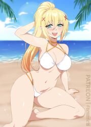 1girls beach big_breasts bikini bikini_bottom bikini_top blonde_hair blue_eyes blush bottomwear breasts cleavage darkness_(konosuba) elfoppai female female_only hair hand_behind_head hips kono_subarashii_sekai_ni_shukufuku_wo! ponytail smile solo solo_female sparkles swimwear thighs tied_hair topwear white_bikini