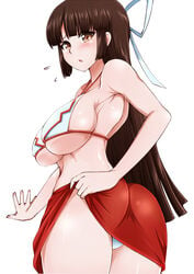 ass bikini_top blush breasts brown_eyes brown_hair embarrassed female hair_ribbon hime_cut hiyou_(kantai_collection) kantai_collection large_breasts long_hair makumaxu open_mouth panties pantyshot ribbon sideboob simple_background skirt skirt_lift solo underboob underwear white_background