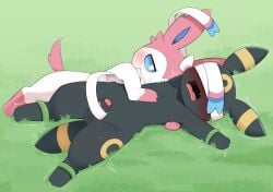 2025 ambiguous_gender anthro arms_tied balls black_body black_fur black_nose blue_body blue_fur blue_sclera blush blush_lines bound circle_(marking) closed_smile covered_eyes duo eeveelution erection fangs fur fur_markings generation_2_pokemon generation_6_pokemon genitals grass hand_on_chest hi_res holding_another holding_penis humanoid_genitalia humanoid_penis legs_tied lying male male/ambiguous markings mouth_closed multicolored_body multicolored_fur narrowed_eyes nintendo on_back on_ground on_side open_mouth outside penis pink_body pink_ears pink_fur pink_paws pink_tail plant pokemon pokemon_(species) ribbonjob ribbons_(anatomy) shaking smile sum sylveon tail teeth tremble_spikes trembling umbreon white_body white_eyes white_fur yellow_body yellow_fur