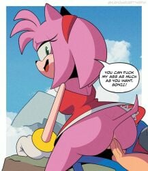 1boy 1girls amy_rose anal anal_sex anthro anus artstyle_imitation ass balls blue_skin bottomless bracelet dialogue female female_on_top female_penetrated furry green_eyes hedgehog idw_comics kangarart male male_penetrating male_penetrating_female partially_clothed penis pink_skin reverse_cowgirl_position sega sex sonic_(series) sonic_the_hedgehog sonic_the_hedgehog_(comics) sonic_the_hedgehog_(series) straight style_parody testicles text text_bubble upskirt_sex