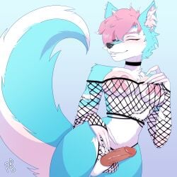 absurd_res anthro blue_body canid canine ces choker clothing fishnet_clothing fluffy fluffy_tail fox futanari hair hi_res intersex jewelry looking_at_viewer mammal necklace one_eye_closed pink_hair solo tail trans_(lore) trans_woman_(lore) wink