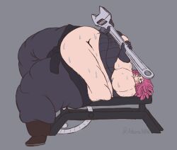 1girls askora bbw belly fat fat_female fat_fetish female mei_hatsume my_hero_academia overweight overweight_female pink_hair sweat sweating sweaty_body wrench