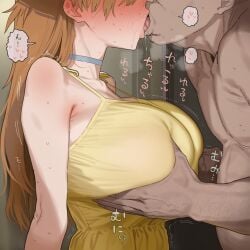 1boy 1girls angry asuka_langley_sohryu brown_hair clothed_female_nude_male dress from_side grabbing_another's_breast groping_breasts huge_breasts kissing large_breasts neon_genesis_evangelion straight ugly_bastard yellow_dress