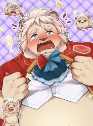 anthro balls belly blush champagne_glass chibi container cravat cup drinking_glass felid flaccid fur genitals glass glass_container glass_cup hi_res leo_von_narcis lion male mammal navel overweight pantherine penis saund_r_pupu2 solo white_body white_fur xxl_woofia