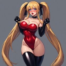 ai_generated black_collar black_hair_ribbon black_latex_gloves black_latex_thighhighs black_ribbons blonde blonde_female blonde_hair blue_eyes blush blushing_female breasts choker collar female heart-shaped_pupils large_breasts latex_clothing latex_gloves latex_thighhighs long_twintails looking_at_viewer red_lipstick skintight_clothing strapless_leotard strapless_swimsuit twintails