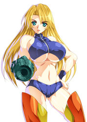 aiming aiming_at_viewer arm_cannon armor bangs bare_shoulders blonde_hair blue_eyes blush boots breasts casual_outfit_(metroid) cowboy_shot female grin groin halter_top halterneck hand_on_hip hips large_breasts long_hair looking_at_viewer metroid metroid_fusion midriff navel nintendo power_suit samus_aran short_shorts shorts simple_background skin_tight smash_daisaku smile solo sports_bra super_smash_bros. thick_thighs thigh_boots thighhighs thighs turtleneck underboob varia_suit weapon white_background wristband zipper