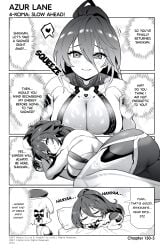 2girls 3koma 4koma ass azur_lane bare_shoulders bed beret blush bodysuit bow breasts cg chibi cleavage closed_eyes comic english_text female greyscale hair_between_eyes hairbow hat heart high_ponytail kansas_(azur_lane) large_breasts long_hair lying monochrome multiple_girls official_art on_bed on_side parted_lips pillow ponytail short_hair sleeping smile speech_bubble spoken_heart