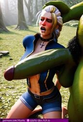 1boy 1girls :>= absurdly_large_cock ai_generated azataai blowjob_face cock_worship female flaccid flaccid_penis holding_head horde_(warcraft) interspecies jaina_proudmoore looking_up male milf open_mouth orc_male penis precum_drip side_view tongue tongue_out vacuum_fellatio world_of_warcraft