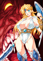 1girls areola_slip areolae blonde_hair breasts female huge_breasts monster original shield smash_daisaku sweat sword warrior weapon