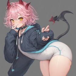 1boy ai_generated femboy hoodie horn male_only perchance_ai pink_hair red_horns tagme thick_thighs wide_hips yellow_eyes