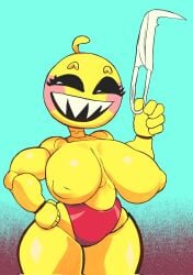 ahoge animatronic animatronic_female black_sclera blush female five_nights_at_freddy's five_nights_at_freddy's_2 fnaf north_star_500 panties partially_clothed sharp_teeth simple_background toy_chica_(fnaf) white_eyes yellow_body