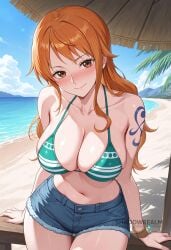 ai_generated arm_support arm_tattoo bare_shoulders beach bikini bikini_top_only blue_sky blush bracelet breasts brown_eyes cleavage closed_mouth cloud collarbone cowboy_shot day denim denim_shorts female green_bikini jewelry large_breasts long_hair looking_at_viewer nami_(one_piece) navel ocean one_piece orange_hair outdoors shadowrealmarts short_shorts shorts shoulder_tattoo sky smile solo stomach swimsuit tattoo thigh_gap thighs uncensored