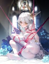 absurdres arms_behind_back bed_sheet bilingual_commentary blue_flower blue_ribbon blurry blurry_background blush bodysuit bondage bound bound_ankles bound_arms bound_legs bound_thighs bound_torso breasts chinese_commentary closed_mouth commentary_request commission double-parted_bangs double_v english_commentary feet female floating_headgear flower flowerscur hair_between_eyes hair_flower hair_ornament hair_ribbon headgear highres indoors long_hair looking_at_viewer medium_breasts mixed-language_commentary no_shoes original pixiv_commission red_rope ribbon rope shibari_over_clothes skindentation smile soles solo toes v variant_set very_long_hair white_bodysuit white_flower yellow_eyes