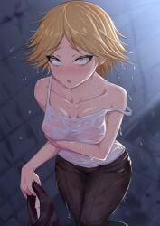 bare_shoulders black_pants blonde_hair blush breasts cleavage collarbone covered_nipples female green_eyes medium_breasts open_mouth pants rain see-through shirt short_hair solo strap_slip tank_top tile_floor tiles water_drop wet wet_clothes wet_shirt