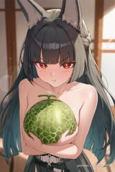 :t ai_generated animal_ear_fluff animal_ears belt black_hair black_skirt blunt_bangs blush braid breasts closed_mouth collarbone covering_breasts covering_privates female food fox_ears fox_girl french_braid fruit hikari406 holding holding_food holding_fruit hoshimi_miyabi indoors long_hair looking_at_viewer melon pleated_skirt pout red_eyes skirt solo topless uncensored v-shaped_eyebrows watermelon zenless_zone_zero