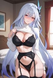 ai_generated black_bra black_garter_belt black_panties black_thighhighs blush bra breasts butterfly_hair_ornament cameltoe cleavage closed_mouth clothes_lift cowboy_shot curtains earrings female garter_belt genshin_impact grey_hair hair_between_eyes hair_ornament highleg indoors jewelry large_breasts lifted_by_self lingerie long_hair long_sleeves looking_at_viewer navel panties red_eyes shadowrealmarts shirt_lift skirk_(genshin_impact) smile solo stomach sweater sweater_lift thighhighs thighs uncensored underwear very_long_hair white_sweater