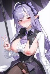 ahoge ai_generated black_pantyhose blush bow breasts cleft_of_venus closed_mouth drill_hair female frills hairband hairbow large_breasts long_hair long_sleeves looking_at_viewer mole mole_under_eye nipples pantyhose pointy_ears purple_hair pussy red_eyes shadowrealmarts sitting skirt smile solo torn_clothes umbrella uncensored v vivian_(zenless_zone_zero) white_shirt zenless_zone_zero