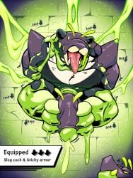 3:4 accessory annoyed anthro armor arthropod bear cock_ring corruption dragon dungeon duo ejaculation english_text erection eyeless foreskin front_view genitals gimpbull green_goo hands_behind_back happy hi_res insects jewelry male male_only mammal mouth_closed mythological_creature mythological_scalie mythology partially_retracted_foreskin penis penis_accessory penis_jewelry raised_head retracted_foreskin scalie species_transformation suspension text tongue tongue_out transformation uncircumcised