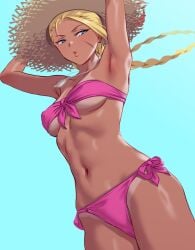 1girls ahoge antenna_hair armpits arms_up bandeau bikini bikini_tan blonde_hair blue_eyes braid breasts cammy_white clothing covered_nipples dark-skinned_female dark_skin female front-tie_bikini_top front-tie_top hat huge_ahoge jewelry lips long_hair looking_at_viewer medium_breasts navel necklace parted_lips pink_bikini puckered_lips scar scar_on_cheek scar_on_face side-tie_bikini_bottom solo stomach strapless strapless_bikini straw_hat street_fighter street_fighter_6 sun_hat swimsuit taka-michi tan tanlines thighs twin_braids underboob