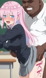 1boy 1boy1girl 1girls 2d ai_generated anime anime_style ass bald blue_eyes blush breasts cheating cheating_girlfriend clothed clothed_sex clothing dark-skinned_male dark_skin faceless_male female fluids from_behind from_behind_position fucked_from_behind grabbing_from_behind interracial interracial_sex kawaii_dake_ja_nai_shikimori-san legs male male/female medium_breasts netorare ntr onomatopoeia open_mouth orgasm_face pale-skinned_female pale_skin penetration penetration_from_behind pink_hair pleasure_face pussy quietns saliva school_uniform schoolgirl secretly_loves_it sex sex_from_behind shikimori_micchon skirt standing standing_sex straight teeth unfaithful uniform vaginal_penetration