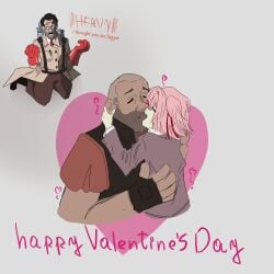 1:1 1girls 2boys 2d 2d_(artwork) background_character bald bald_male closed_eyes crack_ship crossover doki_doki_literature_club doomed_yaoi duo duo_focus english_text eyes_closed female gay_to_straight hair_ribbon heart heart_symbol hearts hearts_around_body heavy_(team_fortress_2) heavy_weapons_guy hugging hugging_each_other kissing light-skinned_female light-skinned_male light_gray_background light_skin male male/female medic_(team_fortress_2) natsuki_(doki_doki_literature_club) pink_hair profanity simple_background size_difference straight team_fortress_2 text valentine's_day valve weird_crossover xant___