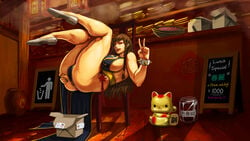 breasts brown_hair capcom chun-li chun-li_(battle_ouffit_sfv) clothed dress female female_only huge_breasts human inviting legs_up leotard long_hair make-up pussy_juice restaurant shoes sideboob sitting smile solo street_fighter v xxoom