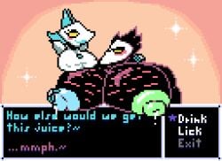 anthro avian big_muscles big_nipples big_pecs bird blush bodily_fluids body_hair breasts bust_portrait button_(fastener) chest_hair clothing darkner deltarune dialogue digital_media_(artwork) domestic_cat duo eyewear felid feline felineflustered felis female floating_hands floating_torso gameplay_mechanics glasses hair hand_on_chest hand_on_shoulder huge_muscles huge_nipples huge_pecs hyper hyper_muscles hyper_nipples hyper_pecs lactating male male/female male_lactation mammal milk_drip muscular muscular_male nipple_outline nipples pecs pixel_(artwork) portrait robot_anthro shoulder_pads sparkling_background star swatch_(deltarune) tasque_manager text undertale_(series)