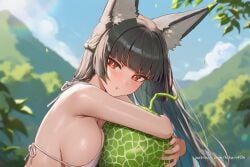 :t ai_generated animal_ear_fluff animal_ears bare_shoulders bikini black_hair blue_sky blunt_bangs blurry blush breast_press breasts closed_mouth day female food fox_ears fox_girl fruit halterneck hikari406 holding holding_food hoshimi_miyabi large_breasts long_hair looking_at_viewer nail_polish outdoors pout red_eyes red_nails sideboob sky solo swimsuit uncensored upper_body watermelon white_bikini zenless_zone_zero