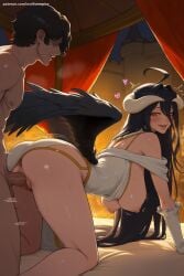 1boy 1girl ahoge ai_generated albedo albedo_(overlord) all_fours ass bare_shoulders black_hair black_wings blush breasts breasts_outside clothed_female_nude_male demon_girl demon_horns doggystyle dress feathered_wings gloves hair_between_eyes heart heart-shaped_pupils hetero hi_res high_quality high_resolution horns large_breasts long_hair nipples nude overlord_(maruyama) patreon penis pussy seductive sex sex_from_behind sexy smile sweat tongue tongue_out uncensored vaginal watermark white_dress white_gloves wings yellow_eyes
