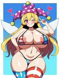 1girls american_flag_bikini american_flag_legwear areola_slip bikini blonde_hair blue_background blush breasts clownpiece covered_nipples fairy_wings gradient_background hand_on_own_hip heart highleg_bikini jester_cap large_breasts long_hair micro_bikini navel one_eye_closed pink_eyes pink_hat polka_dot_hat savefile simple_background smile solo ssaf_seibeupail standing striped_bikini striped_legwear thighhighs touhou v white_border wide_hips wings