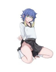 1boy absurdres androgynous black_sailor_collar black_skirt blonde_hair blue_hair bright_pupils chastity_belt clothes_lift commentary_request cookie_(touhou) covered_nipples crossdressing full_body green_eyes highres large_variant_set long_sleeves looking_at_another male male_focus multicolored_hair nari-14 no_panties open_mouth penis sailor_collar school_uniform serafuku shiriri_(cookie) shirt short_hair sidelocks simple_background skirt skirt_lift socks solo squatting testicles two-tone_hair uncensored variant_set white_background white_pupils white_shirt white_socks