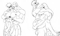 abs anonymous_artist anthro biceps bodily_fluids cum duo erection feral five_nights_at_freddy's five_nights_at_freddy's:_security_breach from_behind_position frottage genital_fluids genitals helm_(connivingrat) hi_res humanoid male male/male montgomery_gator obliques pecs penile penis penises_touching restrained saliva scottgames sex size_difference stand_and_carry_position standing standing_sex steel_wool_studios tongue triceps
