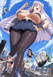 2d bangs belly_button blush bursting_breasts bursting_clothes city destruction giant_ojou-sama giantess green_hair hand_on_hip hanging_breasts heels huge_breasts huge_thighs massive_breasts massive_thighs multiple_females multiple_girls red_hair shiny_skin shiny_thighs sideboob sign_of_the_horns silver_hair silvertsuki size_difference skimpy skimpy_clothes skimpy_outfit skindentation skirt snaggle_tooth stars string_bikini thick_thighs tie tights tummy upskirt wink winking winking_at_viewer worm's-eye_view