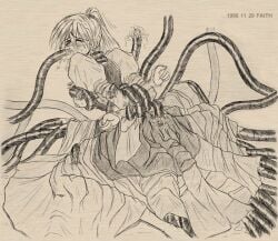 1998 cum_in_mouth defeated defeated_heroine faith_(artist) faith_(sbi) implied_penetration monochrome multiple_penetration oral_rape restrained_by_tentacles tentacle_around_breast tentacle_in_mouth tentacle_rape tentacle_under_clothes torn_clothes