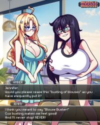 2girls ahoge apartment black_hair blonde_hair blue_eyes breasts cleavage dress english english_text expressionless glasses green_eyes holding_own_breasts huge_breasts large_breasts long_hair mega_milk musclemaddie shorts smile