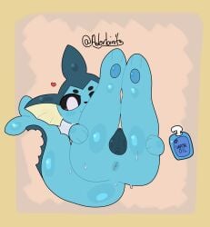 adorbinite amogus animal_genitalia animal_vulva anus artist_name ass big_butt big_ears blue_body blue_eyes blue_fur blush canine_genitalia canine_vulva digital_media_(artwork) eeveelution eyebrows female feral fin fur generation_1_pokemon genitals hi_res imminent_sex lying multicolored_body nintendo oil oiled_body oiled_butt oiled_scales oiled_up on_back paws paws_on_ass pokemon pokemon_(species) procreate_(artwork) signature simple_background solo text twitter two_tone_body vaporeon vulva
