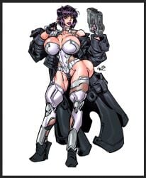 1girls bimbo bimbofication bolt_on_tits breast_implants fake_breasts full_body ghost_in_the_shell gizmotic kusanagi_motoko purple_eyes purple_hair silicone_implants solo taimanin_suit white_background