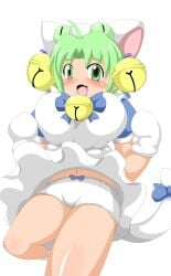 1girls ahoge animal_ears animal_hat apron bell big_breasts bloomers blue_bow bow breasts cat_ears cat_tail dejiko di_gi_charat dress female female_only gloves green_eyes green_hair hair_bell hair_ornament happy hat jingle_bell jumajumi25d large_breasts maid mittens navel open_mouth open_smile parted_bangs short_hair short_sleeves shorts smile solo tail upskirt white_gloves white_tail